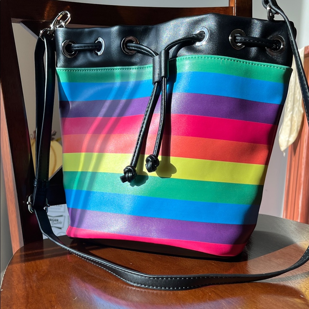 Rainbow Stripe Bucket Bag with Black Trim